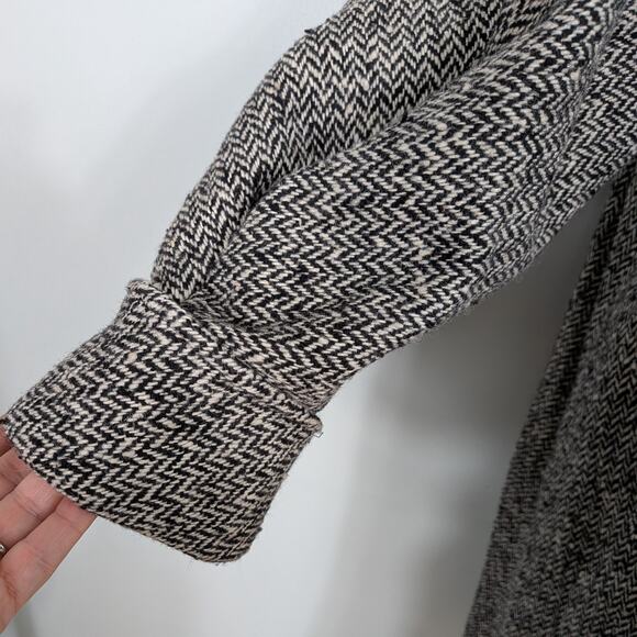 Vintage Wool Blend Coat L Black Cream 80s 90s Overcoat Trench Herringbon Classic - Picture 8 of 16